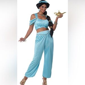Princess Jasmine Costume: Light Blue Satin Top, Pants, Wig, Jewelry Set